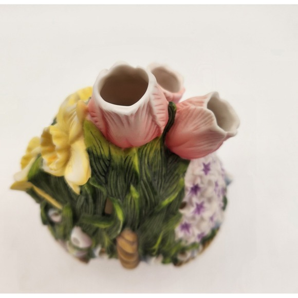 Vintage PartyLite Floral Garden Basket Ceramic Candle Holder Tulips Daffodils - Picture 7 of 10